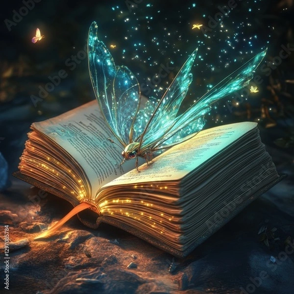 Fototapeta Enchanted butterfly emerges from glowing book in a magical forest setting at twilight