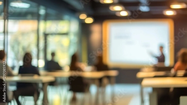 Obraz Blurred Classroom with Presenter and Screen