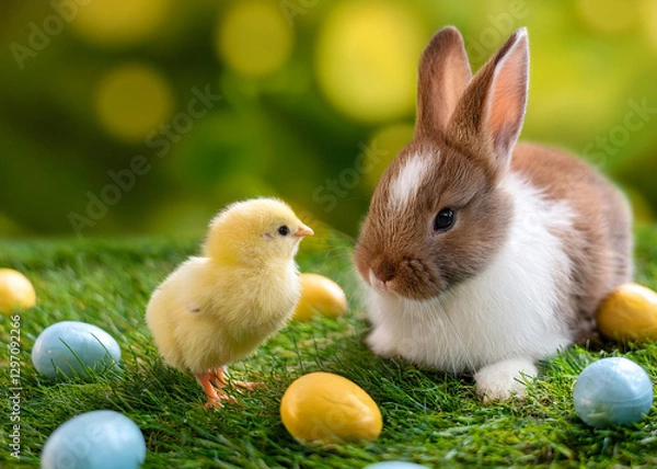 Obraz Easter bunny and chick playing with eggs