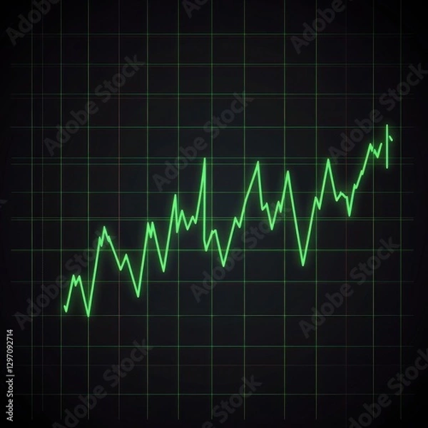 Fototapeta Dynamic green line graph illustrating upward trends over time on a dark background.