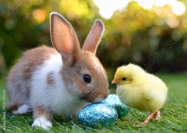 Obraz Easter bunny and chick playing with eggs