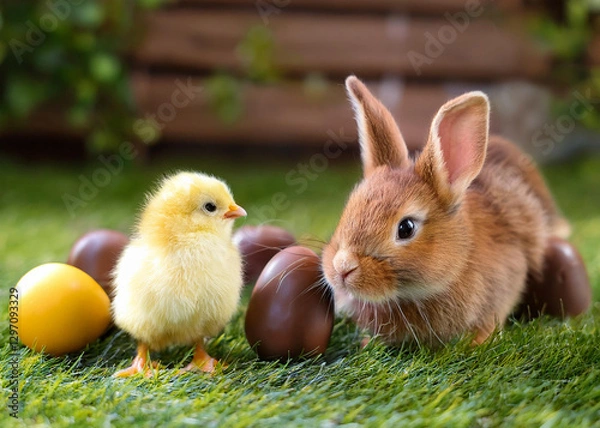 Obraz Easter bunny and chick playing with eggs