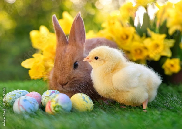 Obraz Easter bunny and chick playing with eggs