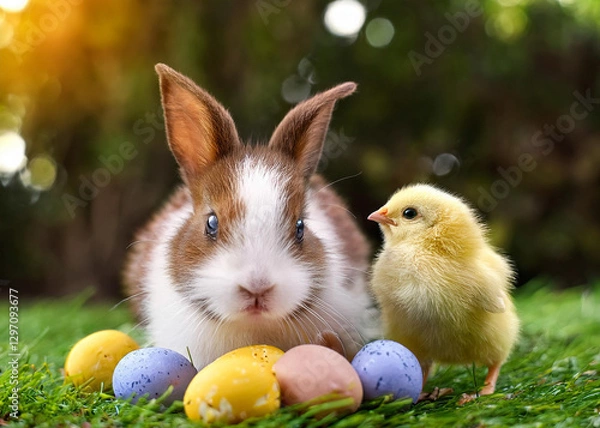 Obraz Easter bunny and chick playing with eggs