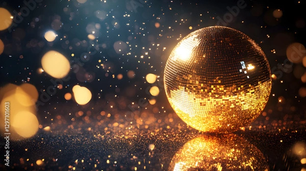 Fototapeta A shiny golden disco ball with sparkling lights and glitter falling around it
