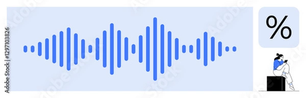 Obraz Audio waveform in blue, percentage symbol, and individual using a smartphone. Ideal for data analysis, audio visualization, financial updates, statistics, tech applications, user engagement