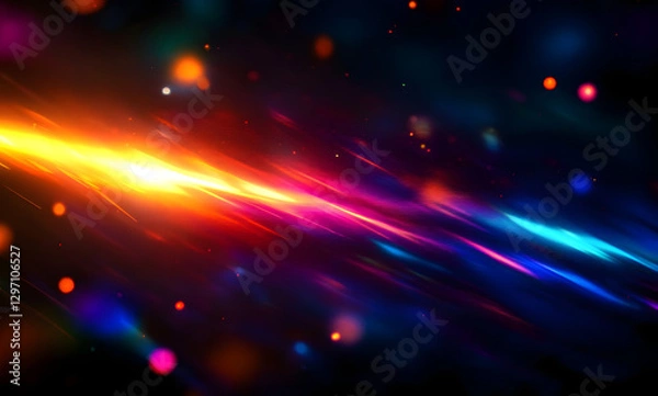 Fototapeta Colorful glow sparks of light texture. Orange red rays on dark blue abstract layer black background .Crystal flare abstract effect. Holographic sunlight reflection wallpaper, colorful glare bokeh.
