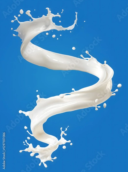 Fototapeta White spiral splash isolated on blue background. The milk stream embraces invisible carton of milk
