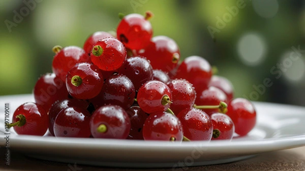Fototapeta Close Up Of Fresh Redcurrants On A Simple Elegant Plate With Soft Blurred Background