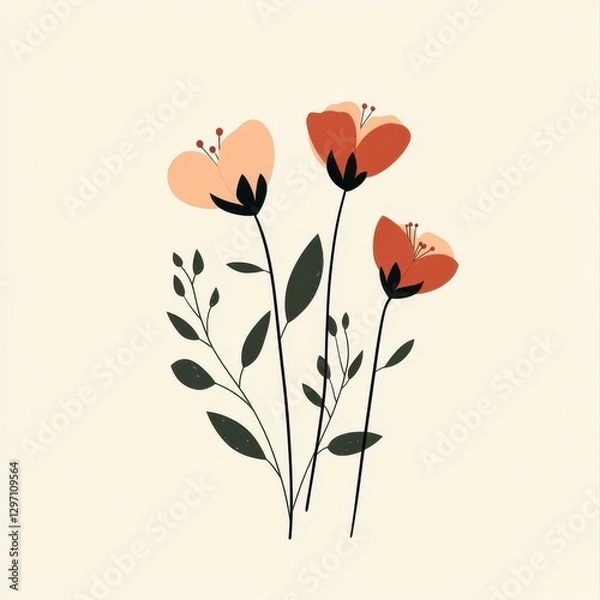 Fototapeta Three elegant flowers in soft hues of orange and red adorned with delicate green leaves.