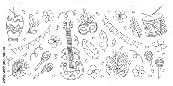 Obraz Brazil Carnival coloring page. Outline set with guitar, maracas, drums, masks with feathers, flowers, leaves, garlands and confetti. Contour festival elements collection. Coloring book for print
