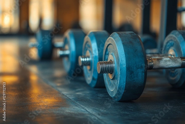 Fototapeta Dumbbells resting on the floor of a gym, ready for a workout, promoting fitness and strength training