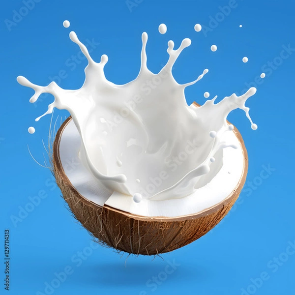Fototapeta Coconut milk splash isolated on blue background. Top view. Package design element