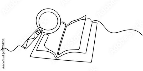 Obraz Continuous line drawing of book and magnifying glass, vector illustration, one line, Continuous one line drawing of book and magnifying glass, Vector of searching and education learning, positioned.