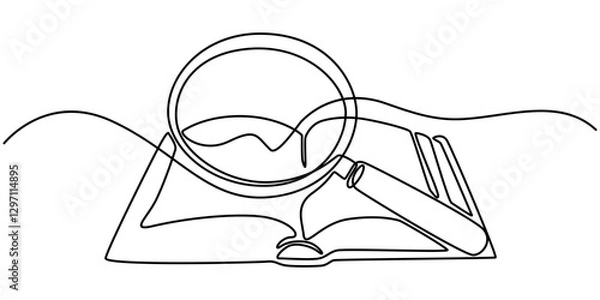 Fototapeta Continuous line drawing of book and magnifying glass, vector illustration, one line, Continuous one line drawing of book and magnifying glass, Vector of searching and education learning, positioned.