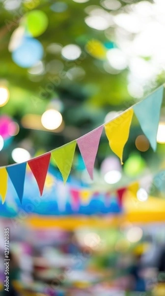 Obraz colorful bunting flags fluttering outdoors in bright festival setting with vibrant background copyspace concept of holiday events marketing