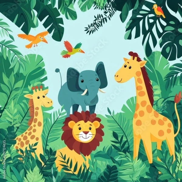 Fototapeta A colorful jungle scene featuring a lion, elephant, and giraffes surrounded by lush green foliage and vibrant birds.