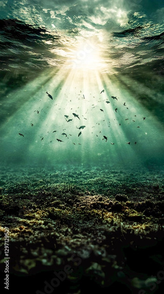 Obraz Underwater sunlight illuminates a vibrant aquatic landscape with schools of fish swimming above a textured ocean floor in a serene marine environment