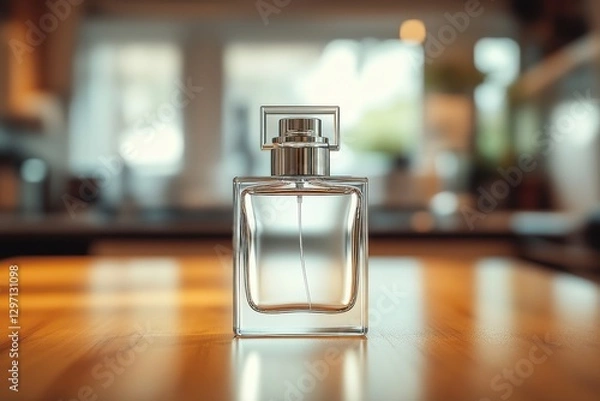 Fototapeta Elegant glass perfume bottle on wooden surface, softly lit with a bright, inviting background.