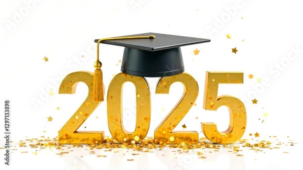 Fototapeta Gold-black text "2025" with graduation hat with tessel and gold confetti isolated on white background. Theme of graduation concept