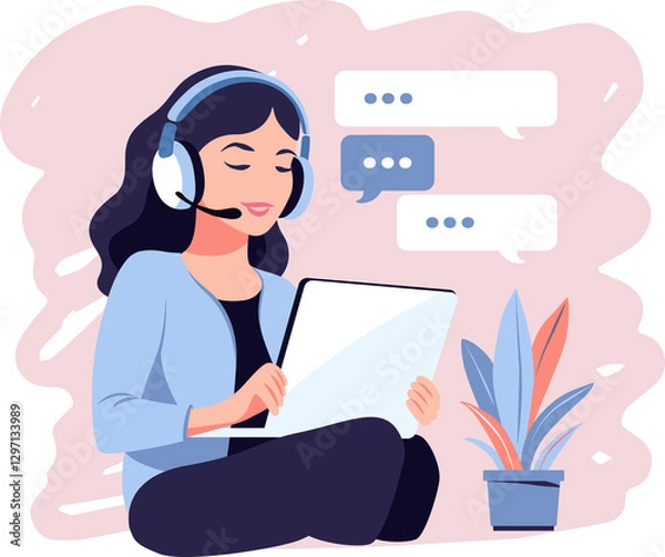 Fototapeta Customer service concept. Woman with headphones and microphone with laptop on transparent background. Support, assistance, call center.