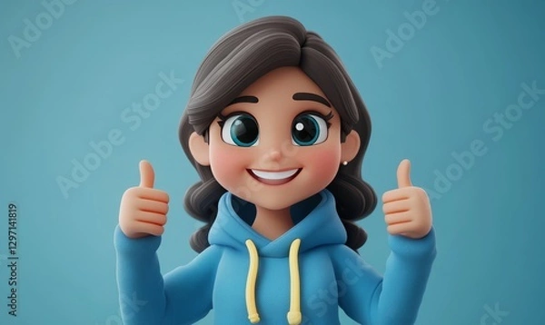 Obraz Happy Cartoon Girl Thumbs Up Positive 3D Render Illustration  Smiling Avatar Digital Art Blue Hoodie cute model woman   