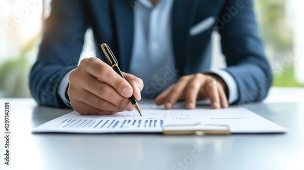 Fototapeta Marketing event coordinator organizes paperwork for upcoming promotional event at a desk