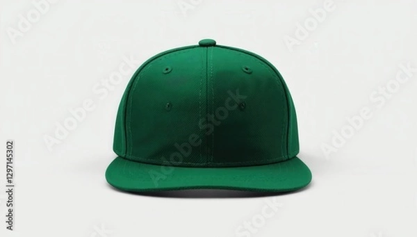 Fototapeta Green baseball cap with a flat brim displayed against a neutral background, perfect for customization, branding, or casual wear, ideal for sports teams, streetwear, or festive occasions