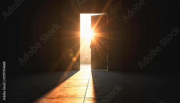 Fototapeta Sunlight rays illuminating half-open door in dark hallway, hope symbol