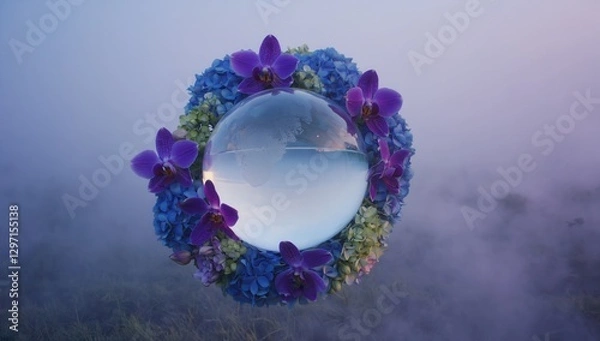 Fototapeta Transparent glass Earth surrounded by vibrant purple orchids and blue hydrangeas, floating in misty atmosphere, symbolizing nature's beauty, global harmony, environmental awareness, and sustainability