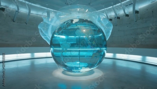 Fototapeta Futuristic transparent globe with glowing blue details, floating in a high-tech exhibition space, symbolizing innovation, global connectivity, advanced technology, and the future of data visualization