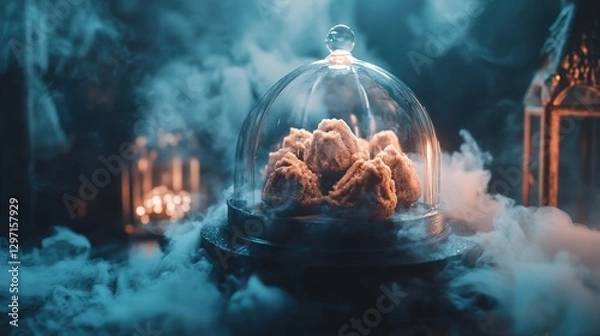 Fototapeta Mystical Kuih Inside Glass Dome with Dry Ice Fog Effect