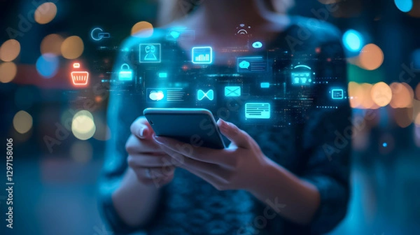 Fototapeta Engaging in digital communication with smartphone surrounded by glowing icons in a vibrant urban setting at night