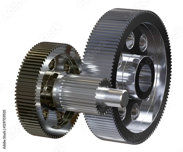 Fototapeta Two gears and shaft. Transparent background. Isolated. 3D Render.