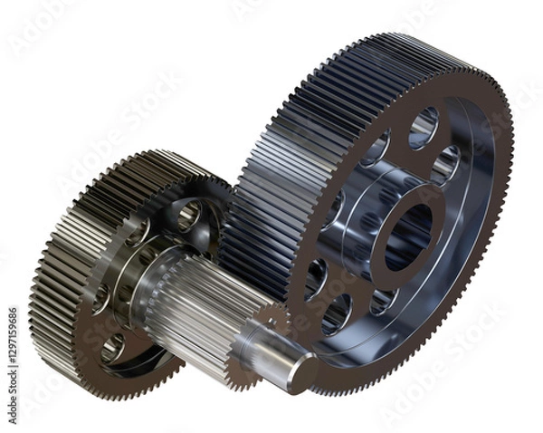 Fototapeta Two gears and shaft. Transparent background. Isolated. 3D Render.
