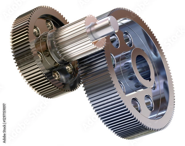 Fototapeta Two gears and shaft. Transparent background. Isolated. 3D Render.