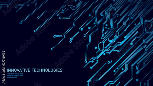 Obraz Circuit board technology background. Blue lines connect data points. Use for futuristic design presentations. Flat lay minimal dark blue vector illustration.