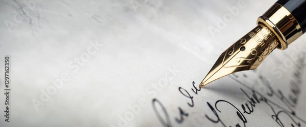 Obraz Fountain pen on an antique handwritten letter. Vintage nib pen and handwritten cursive style font copperplate, spencerian. Old history background. Retro style.