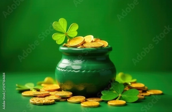 Fototapeta Green pot filled with shiny gold coins, adorned with a fresh shamrock, set against a vibrant green background. A festive symbol of luck, prosperity, and St. Patrick's Day tradition