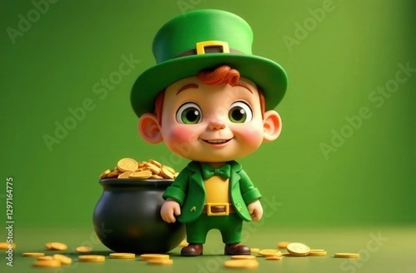 Fototapeta Adorable cartoon-style leprechaun child dressed in a green suit and hat, standing next to a black pot filled with gold coins. Cheerful and festive atmosphere celebrating St. Patrick’s Day