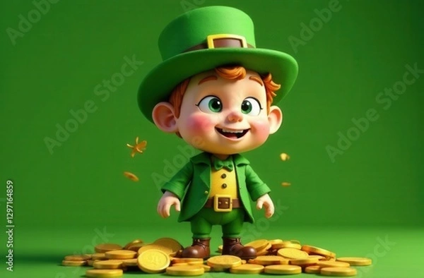 Fototapeta Cute cartoon-style leprechaun child with bright green eyes and a joyful expression, standing on a pile of gold coins. Dressed in a green suit with a top hat, celebrating St. Patrick’s Day