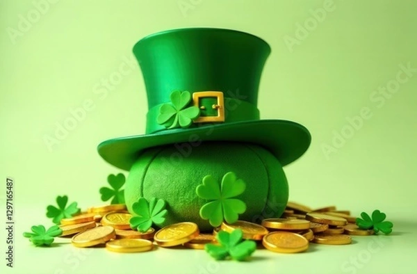 Fototapeta Green leprechaun hat with a golden buckle resting on a soft green fabric ball, surrounded by gold coins and shamrocks, symbolizing luck, prosperity, and St. Patrick’s Day traditions