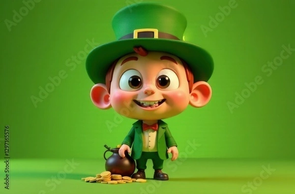 Fototapeta Adorable cartoon-style leprechaun with big eyes and cheerful smile, dressed in green suit and hat, standing next to small pot of gold coins on vibrant green background, symbolizing luck and prosperity
