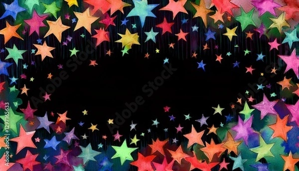 Fototapeta border frame of colorful falling confetti stars modern wallpaper on white background pattern copy space