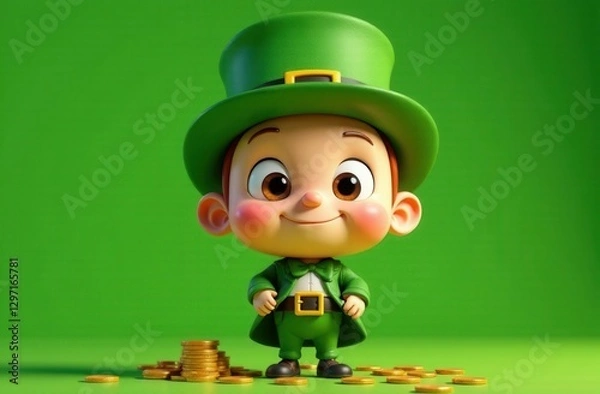 Fototapeta Adorable cartoon leprechaun with big brown eyes, rosy cheeks, and a cheerful smile, dressed in a green outfit with a top hat, standing beside a small pile of gold coins on a vibrant green background