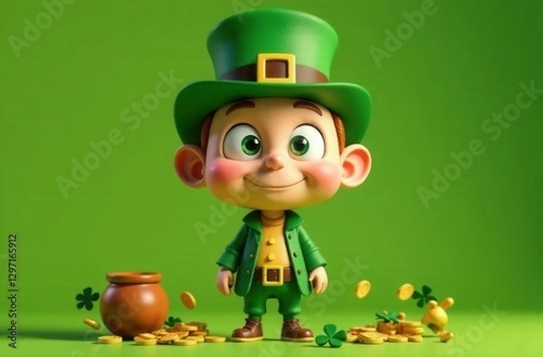 Fototapeta Adorable cartoon leprechaun with big green eyes and cheerful smile, dressed in green outfit with top hat, standing next to pot of gold with scattered coins and shamrocks on bright green background