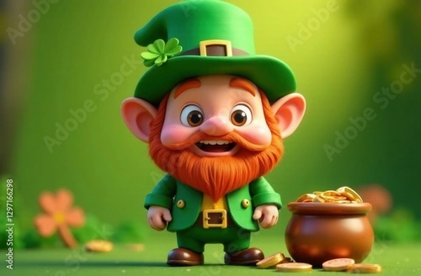 Fototapeta Cheerful cartoon leprechaun with a big red beard, wearing a green outfit and hat adorned with a shamrock, standing next to a pot of gold coins in a magical forest setting with soft lighting