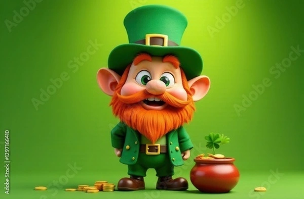 Fototapeta Smiling cartoon leprechaun with a bright red beard, wearing a green outfit and top hat, standing next to a pot of gold coins with a shamrock on top, set against a vibrant green background