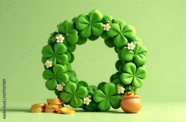 Fototapeta Festive wreath made of lush green clovers with delicate white flowers, symbolizing luck and prosperity, placed against a soft green background with gold coins and a small pot of treasure