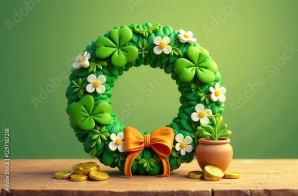 Fototapeta Elegant clover wreath adorned with delicate white flowers and an orange ribbon, symbolizing luck and prosperity, placed on a wooden surface with gold coins and a small potted plant nearby